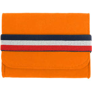An orange felt travel organiser with a striped elastic band in navy, white, and red. It features a clasp closure.