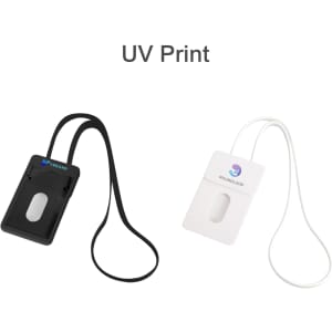 A black and a white ABS retractable card holder with lanyards, featuring a logo on each.