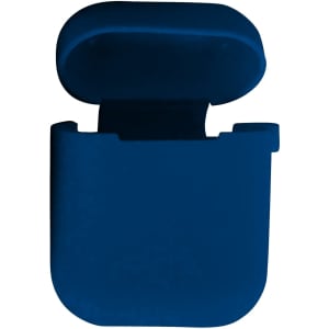 A blue silicone protection case for AirPods, featuring a hinged lid and smooth surface.