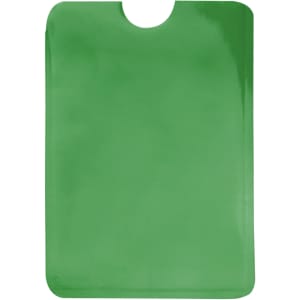 A green RFID card protector sleeve with a cut-out section at the top, designed for protecting cards.