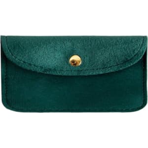 A velvet glasses pouch in dark green with a gold snap closure and a smooth texture.