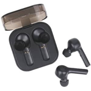 Black square true wireless earbuds with a charging case, displayed with two earbuds outside the case.
