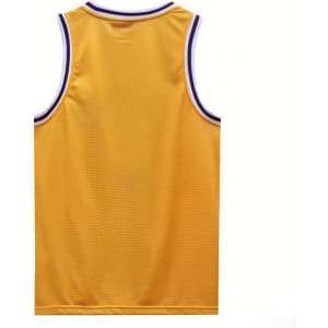 A sleeveless sport jersey in bright yellow with purple trim and a logo on the back. Made of 100% polyester.