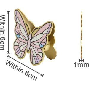 A gold butterfly-shaped clip with pink and blue details, measuring within 6cm. It features a logo on one side.