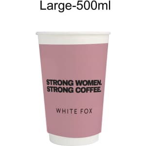A double wall paper cup in pink with a white interior, featuring a logo and bold text.