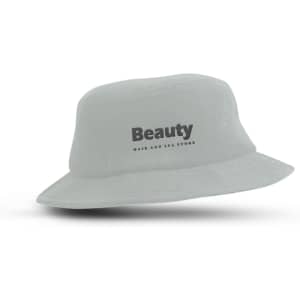 A grey Terry Toweling bucket hat with a branding logo on the front.