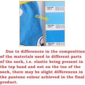 A close-up of knee-high socks featuring a custom pattern in blue and white, with a logo visible on the side.