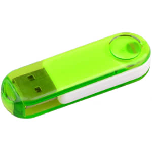 A green transparent swivel flash drive with a metallic connector and a logo.