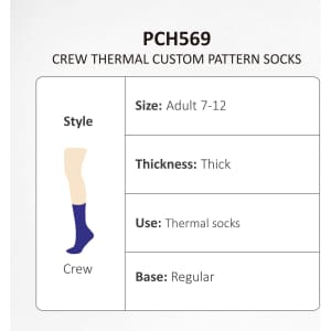 Crew thermal socks in navy blue with a thick design, suitable for adult sizes 7-12. Includes a logo.