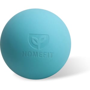 A teal lacrosse ball featuring a logo, designed for recreational use.