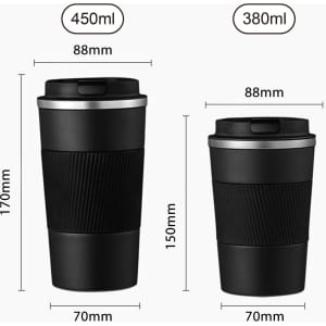 A stainless steel travel coffee mug in black, featuring a ribbed design and a lid. Includes two sizes with specified dimensions.