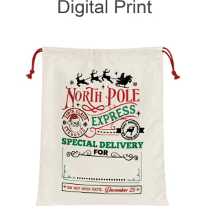 A cream drawstring bag featuring festive red and green prints, including a design for "North Pole Express" and Santa illustrations.