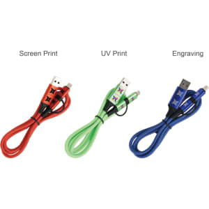 A braided charging cable available in red, green, and blue, featuring USB connectors. Includes a logo.