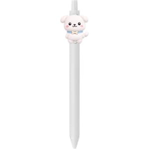 A white pen featuring a cute dog-shaped topper and an attached logo.