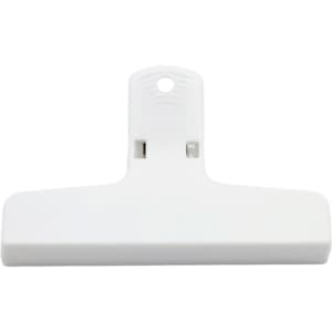 A white plastic clip with a rectangular base and a hole for hanging. It features a simple design.