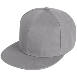 A grey 6 panel trucker cap featuring a flat brim and a structured crown with a logo.