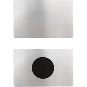 A stainless steel business card with a brushed finish and a circular black NFC section in the centre.