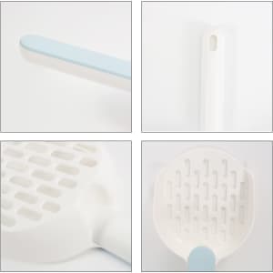 A cat litter scoop with a white body and a light blue handle, featuring a slotted design for easy sifting.