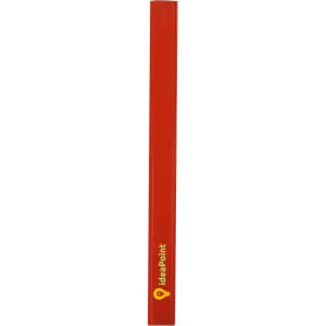 A grey-lead pencil in a vibrant red colour, featuring a logo on its side.