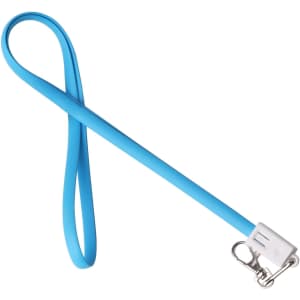 A blue TPE lanyard charging cable with a clip attachment and a smooth, flexible design.