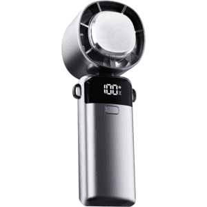 A portable cooling fan in silver, featuring a phone stand and an LED battery percentage display.