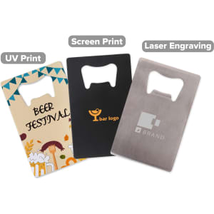 A drink bottle opener in a card shape, featuring multiple designs, colours, and a logo on each variant.