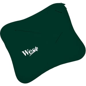 A dark green laptop bag featuring multiple pouches and a logo on the front.