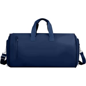 A navy blue duffel bag with dual handles and a detachable shoulder strap, featuring a side zip pocket.