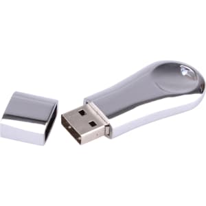 A silver, glossy flash drive with a removable cap. The drive has a sleek, rounded design and a metallic finish.