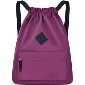 A lightweight drawstring backpack in a vibrant purple colour with black straps and a front zip pocket. It features a logo.