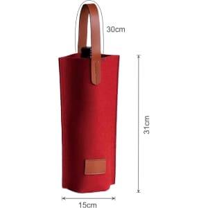 A red felt wine bag with a brown leather handle, measuring 30cm high and 15cm wide.
