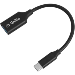 A black USB 3.0 to USB-C OTG adapter with a flexible connector and a logo on one side.