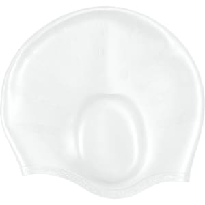A white swimming cap with built-in earmuffs, featuring a smooth surface and a rounded shape.