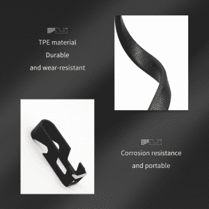 A close-up of a black TPE material charging cable featuring a built-in opener and portable phone stand.