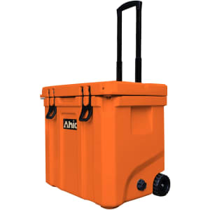An orange cooler box with wheels and a telescoping handle, featuring a logo on the front.
