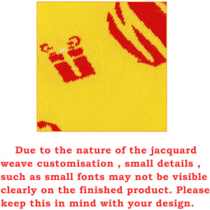 A pair of yellow football socks with a pattern featuring red designs and a logo.