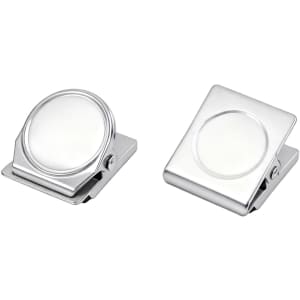 Two metallic magnetic clips in silver, featuring a circular and rectangular design, with a reflective surface.