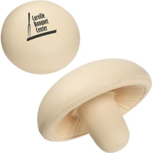 A beige mushroom-shaped stress reliever with a logo on the top. Ideal for fun and relaxation.