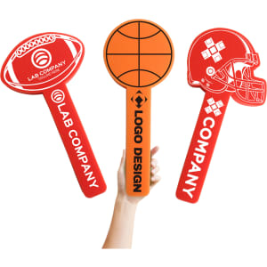 Three red sponge ball cheersticks in the shapes of a football, basketball, and helmet, featuring a logo on one.
