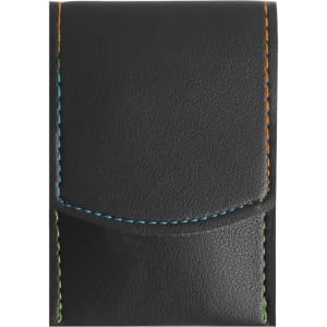 A black portable manicure set with coloured stitching, featuring a smooth exterior and a flap closure.