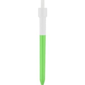 A green and white click pen with a smooth surface and a clear cap, featuring a logo on the barrel.