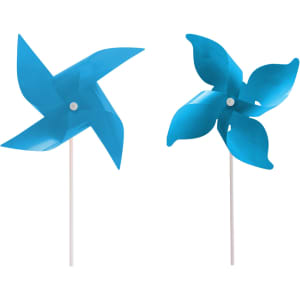 Two blue four-leaf pinwheels on white sticks, featuring a simple design with a central fastening.
