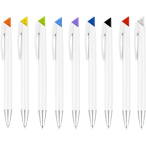 A collection of white plastic pens with various coloured triangular caps: orange, green, purple, blue, black, and red.