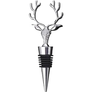 A drink bottle stopper featuring a silver deer head design with antlers and a black rubber base.