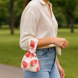 A wrist bag featuring a pink strawberry design, held by a person wearing a light-coloured shirt and jeans.