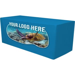 A blue, fitted table cloth with a design featuring a turtle and a placeholder for a logo.