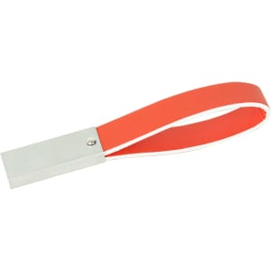 A red leather strap flash drive with a metallic connector, featuring a logo on the surface.