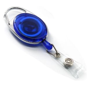 A blue retractable oval card holder with a silver clip and a clear plastic attachment.
