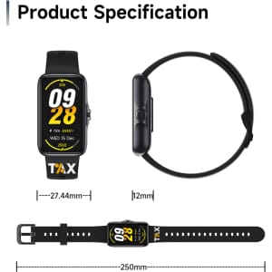 A black smart band with a rectangular display and adjustable strap, featuring a logo on the band.