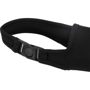 A drink bottle carrier pouch in black, featuring a strap with a buckle for adjustable fitting.